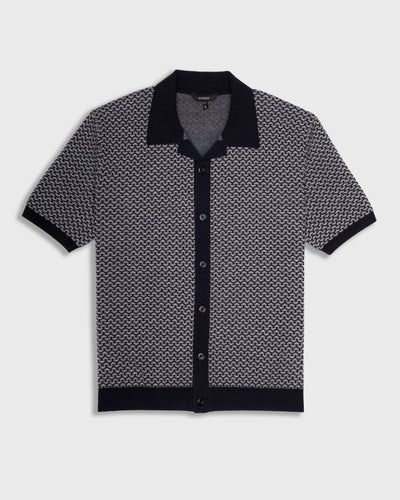RADMerino Cashmere Blend Short Sleeve Jacquard Sweater Knit Polo - Dark Navy/Heather Grey