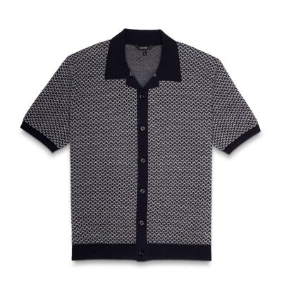 RADMerino Cashmere Blend Short Sleeve Jacquard Sweater Knit Polo - Dark Navy/Heather Grey
